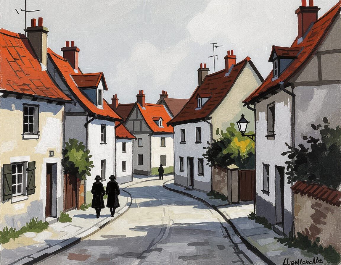 Quaint Village Street Scene in Charcoal Drawing Style