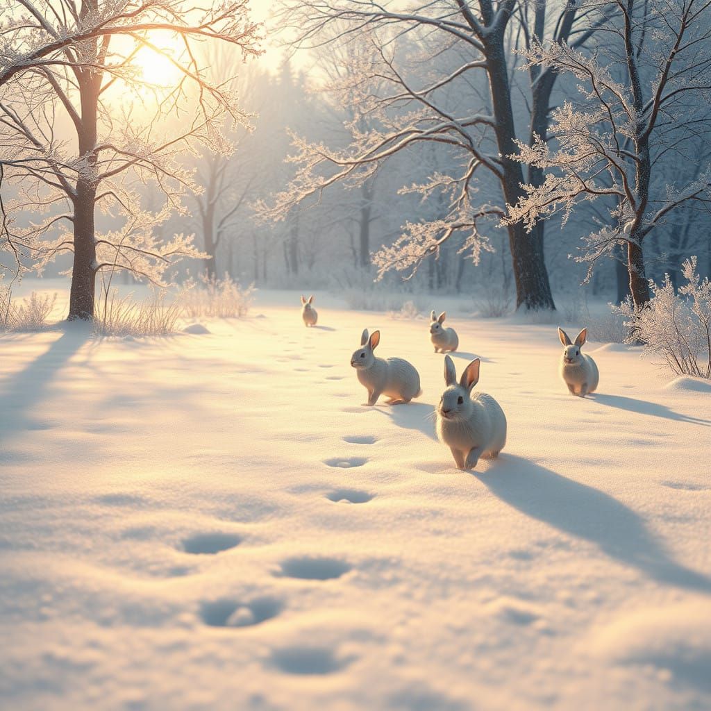 Snowy Meadow Whispers: Rabbits in a Golden Landscape