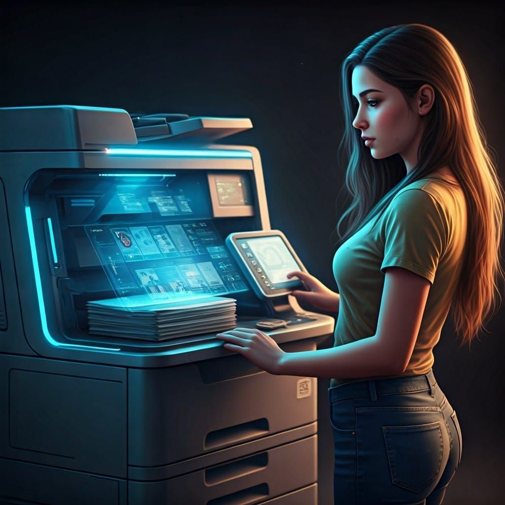 Girl Uses Futuristic Photocopy Machine with Holographic Inte...