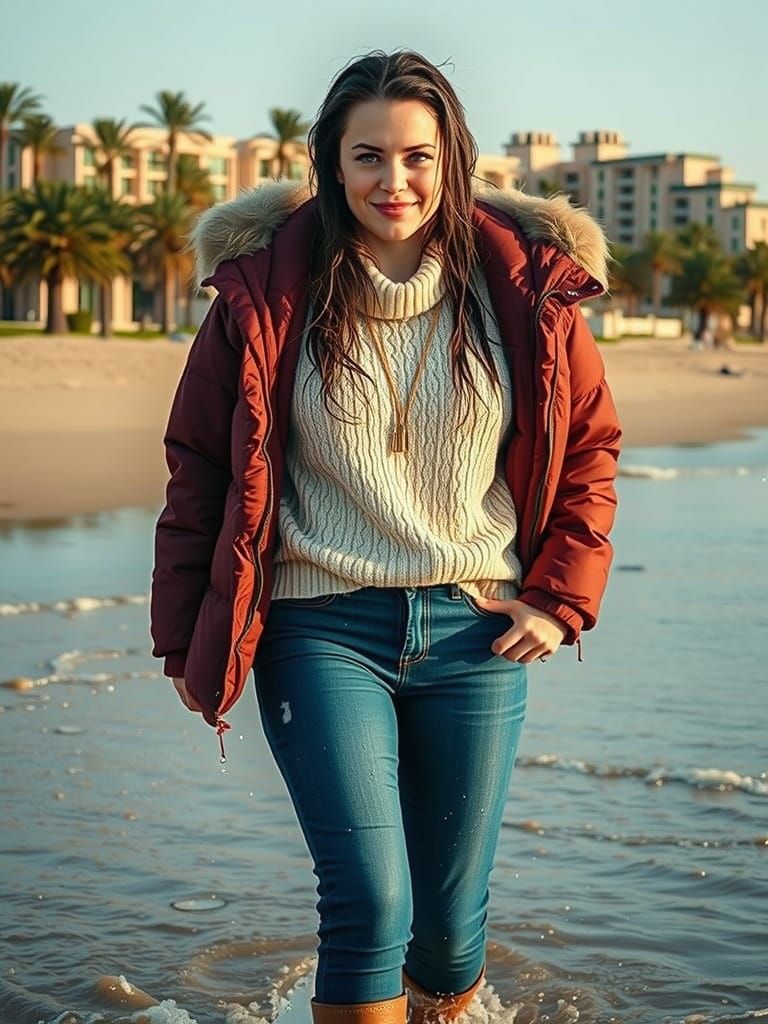 Confident Brunette Surfer in Hyper-Realistic Style