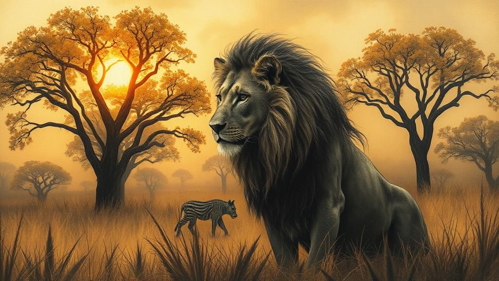 Mystical Lioness in Dreamlike Savannah, Charcoal Drawing