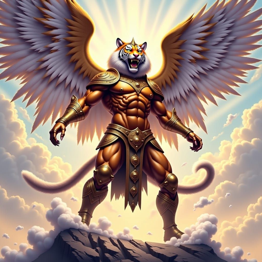 Majestic Tiger Warrior with Angel Wings in Golden Armor