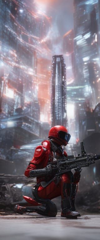Cyberpunk Warrior in Red with Machine Gun