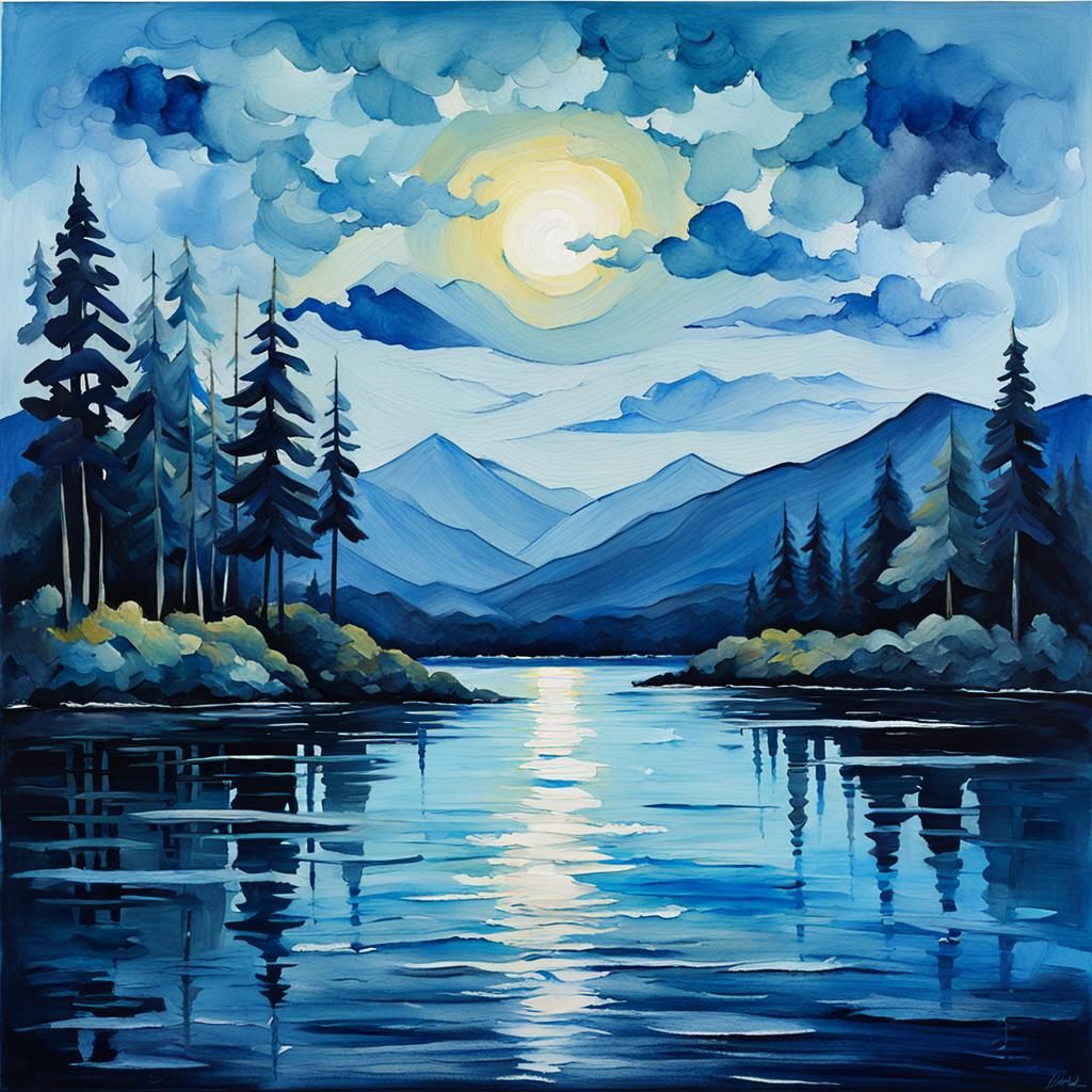 Blue Serenity: Impressionist Gouache Landscape