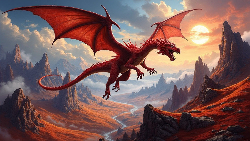 Majestic Red Dragon Soaring Over Misty Landscape