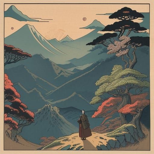 A ukiyo-e style lord of rings.. elfs, wizards, dwarfs, gobli...