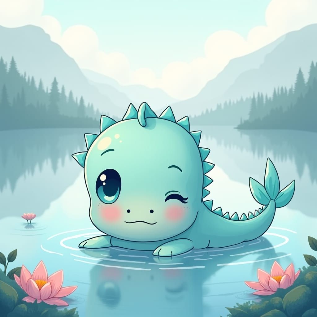 Baby Nessie Chibi Illustration in Pastel Colors
