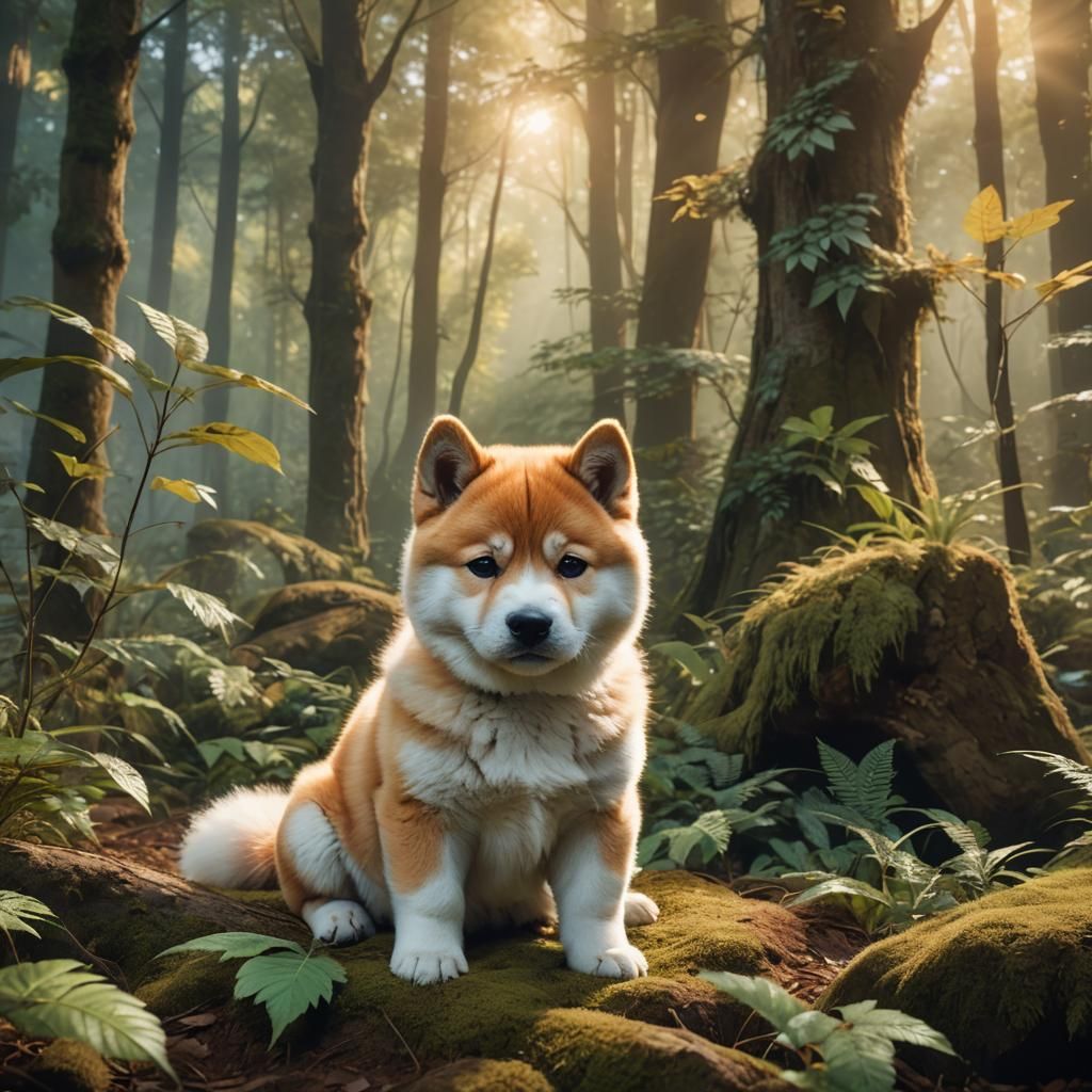 Fluffy Akita Inu Puppy in Fantasy Forest