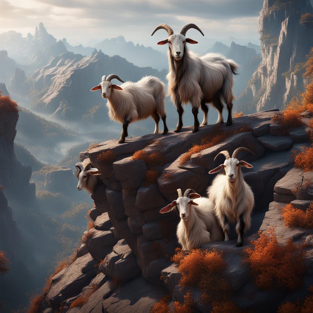 Goats on a Mountain Ledge: Detailed Matte Painting