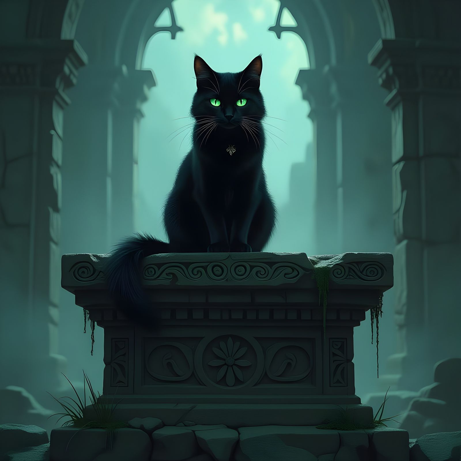 Majestic Black Cat on Ancient Altar