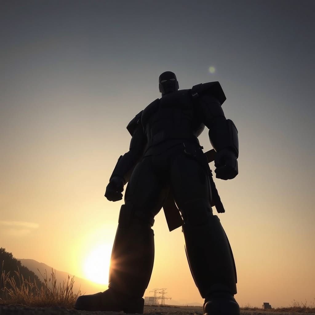 Powerful Figure Dominates Sunset Landscape