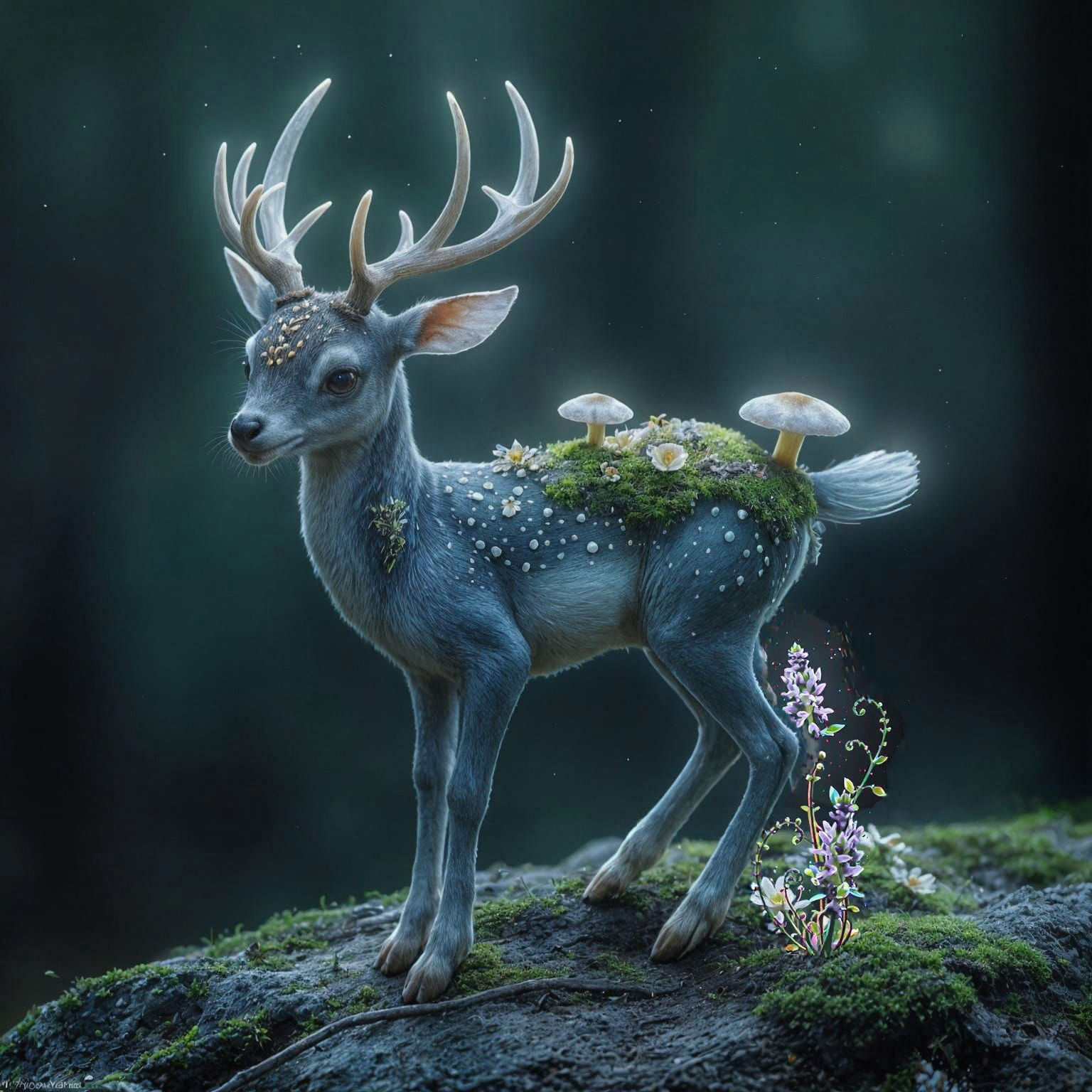 Dream-Dwelling Lunacapra with Bioluminescent Mushrooms