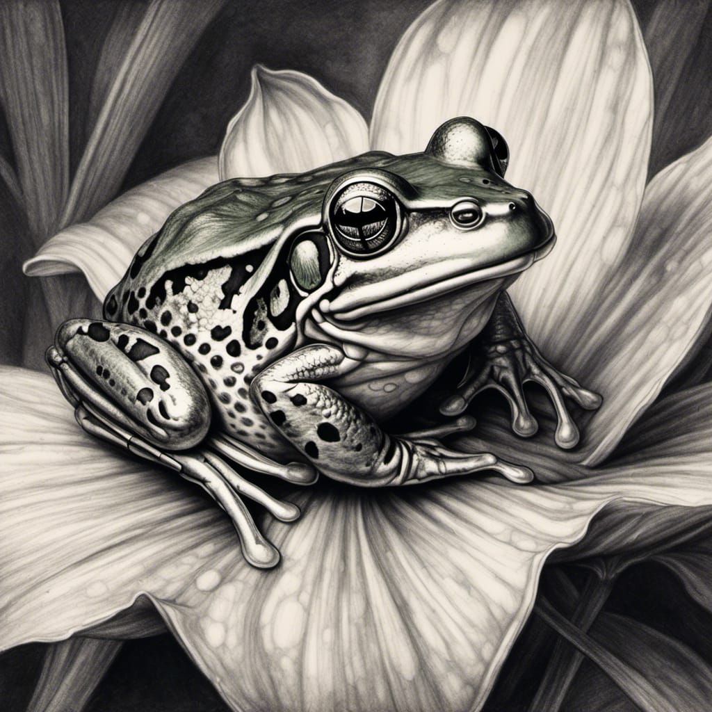 Realistic Pencil Drawing of Green Frog on Lily Pad