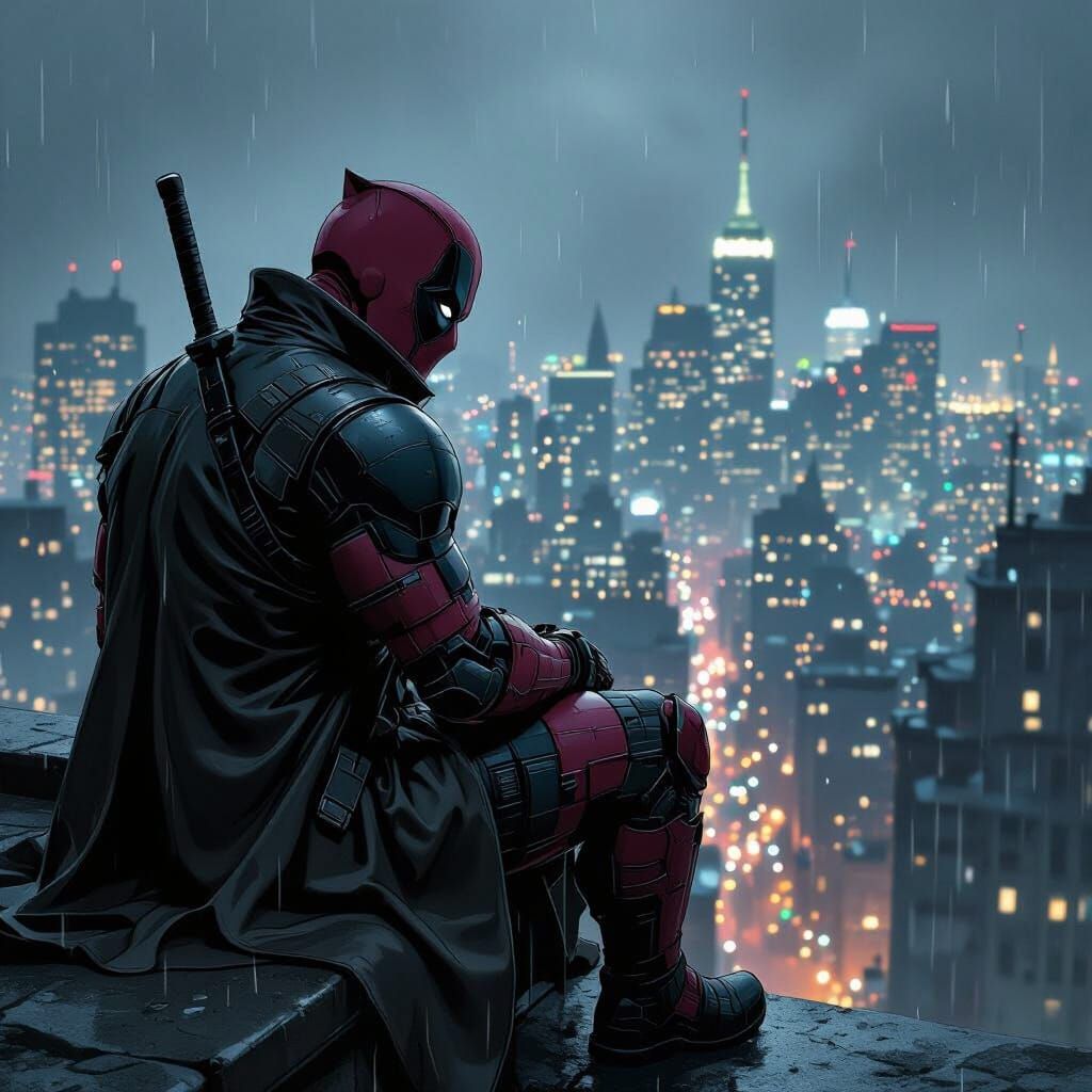 Melancholic Cyborg Deadpool in Gritty Comic Noir Style