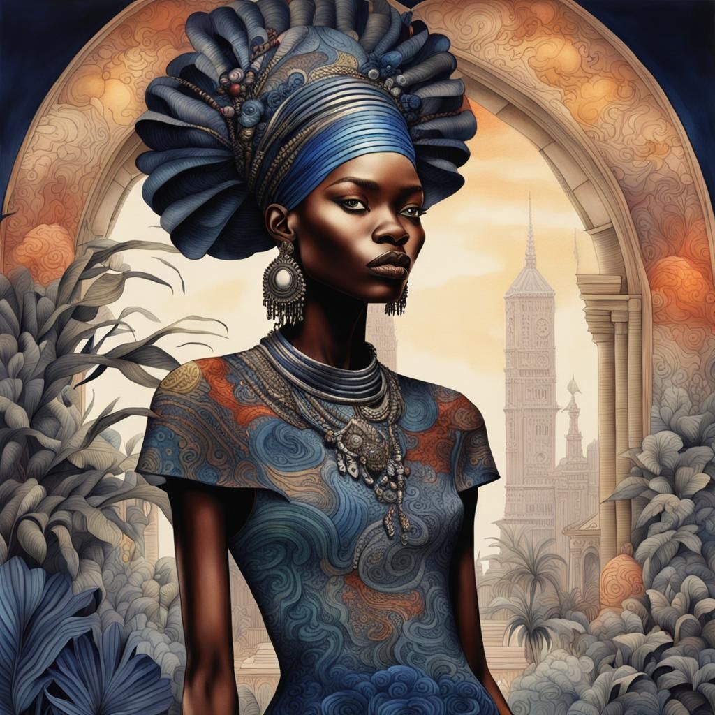 African Model in High Fashion Watercolour Portrait