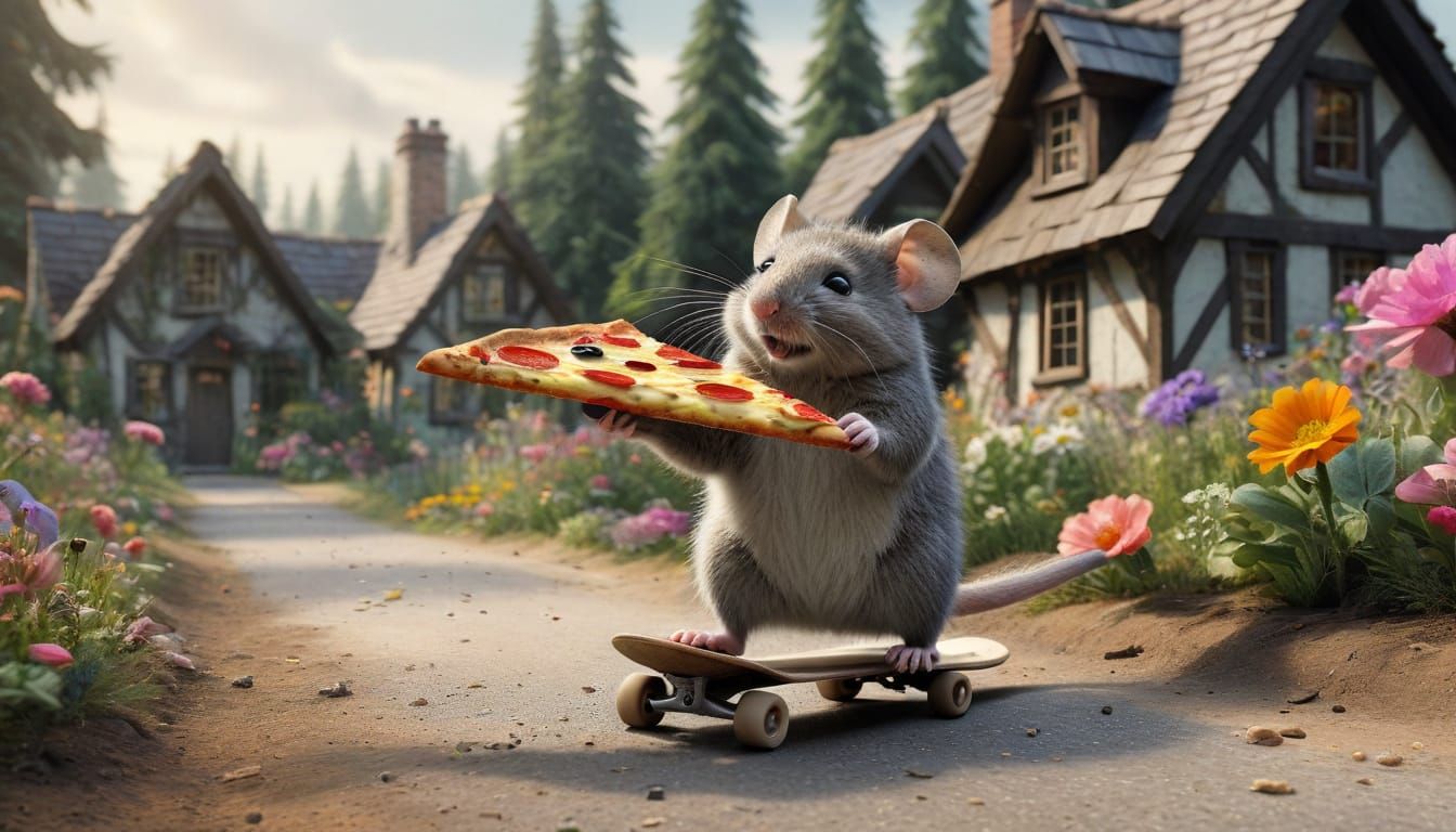 Mouse on Pizza Skateboard Among Cottage Flowers