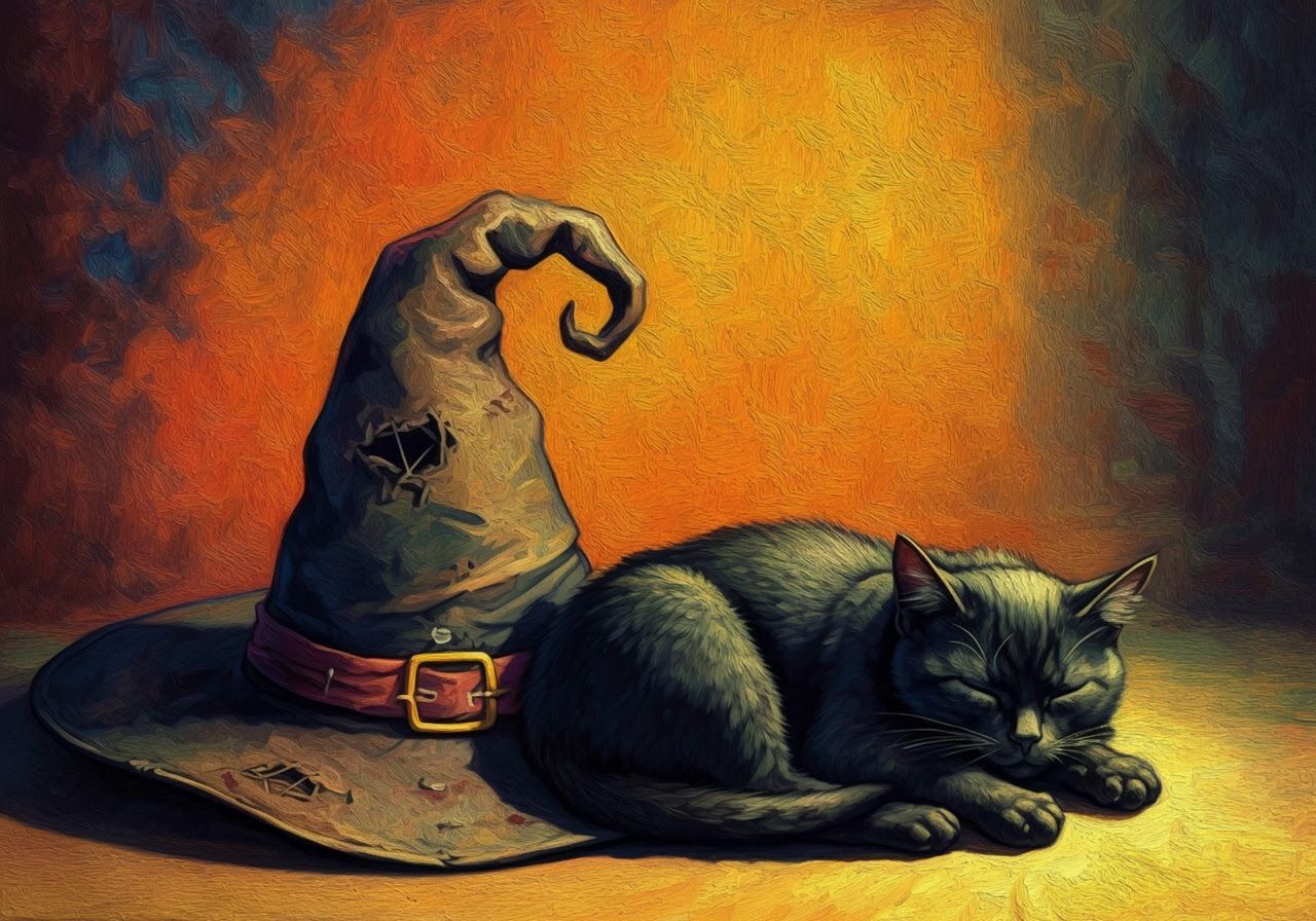 Black Cat Sleeps Beside Worn Witch Hat Van Gogh Style