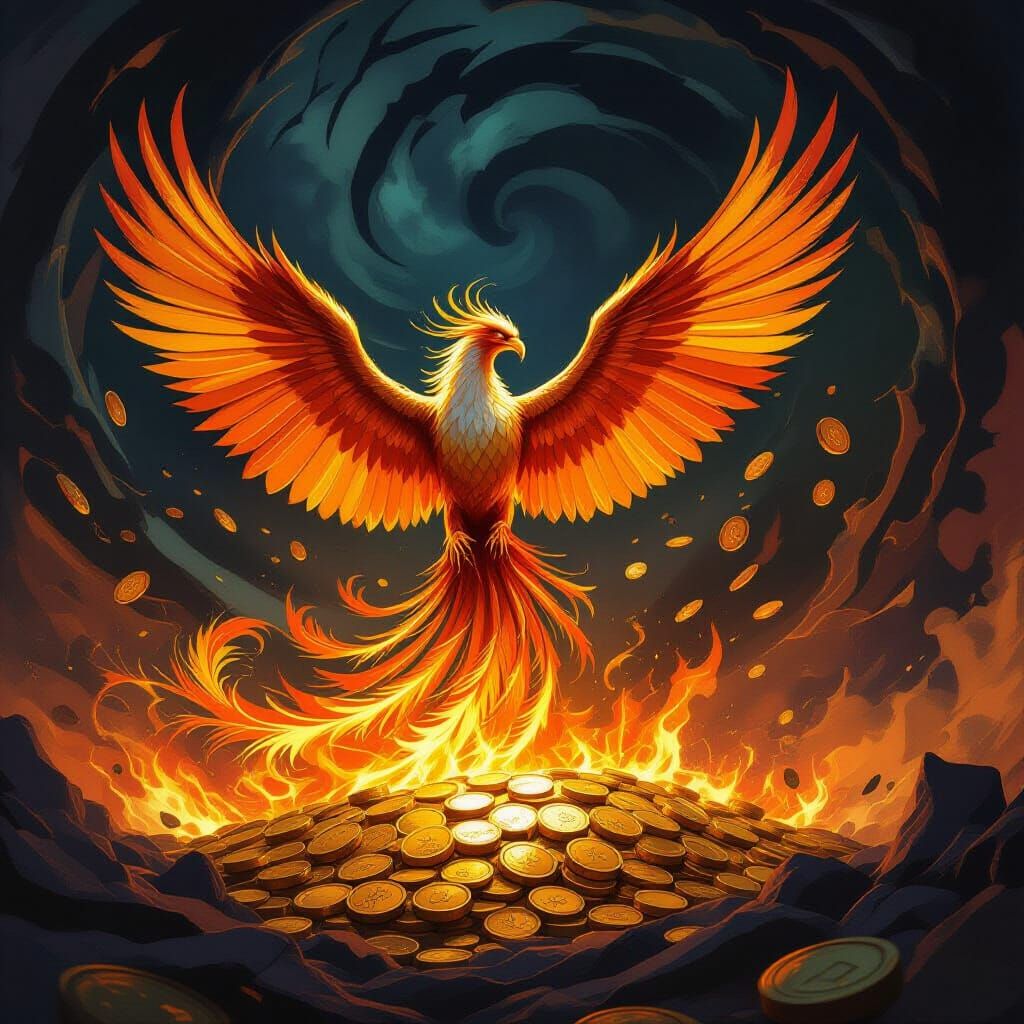 Majestic Phoenix Rises from Fiery Gold Coins