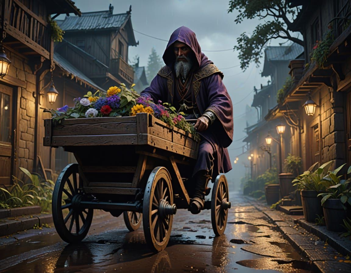 Bony Figure Pulls Cart in Dark Fantasy Style