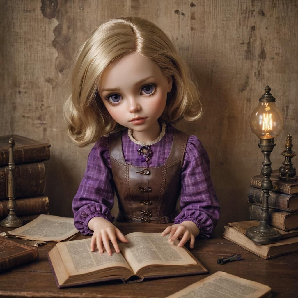 Blonde Doll Reading Book with Purple Eyes, Photorealistic St...