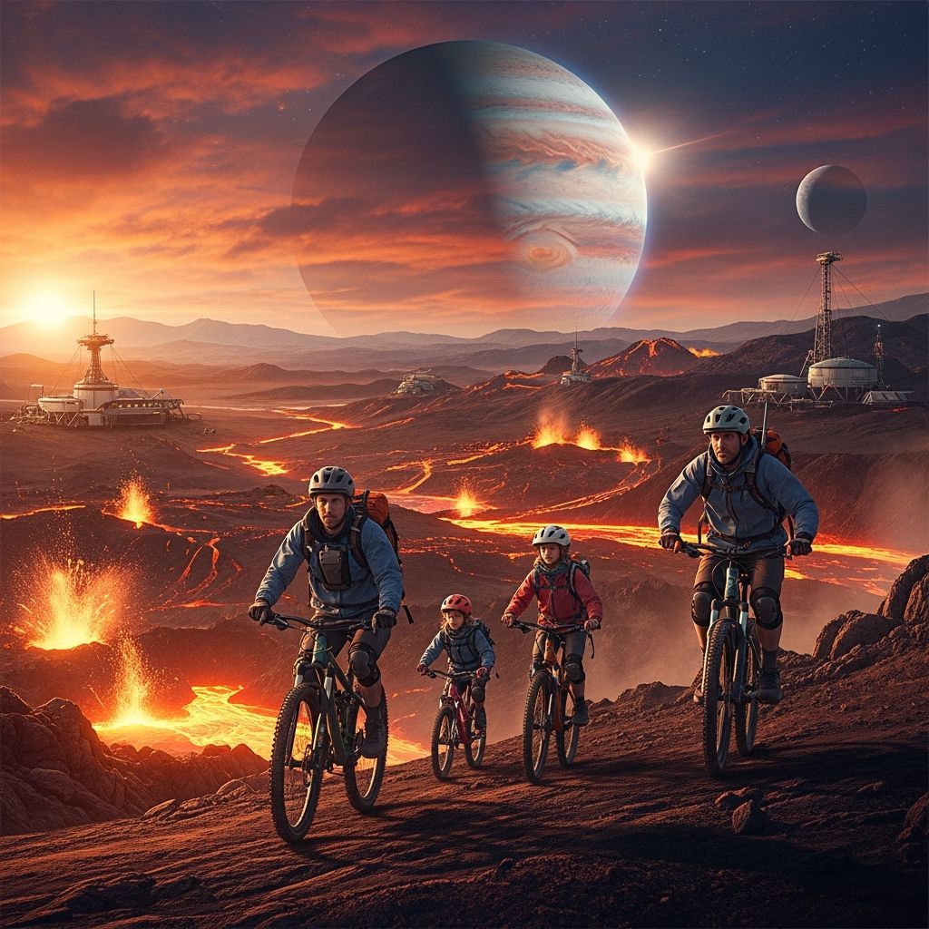 Family Bikes on Io in Retro Sci-Fi Style