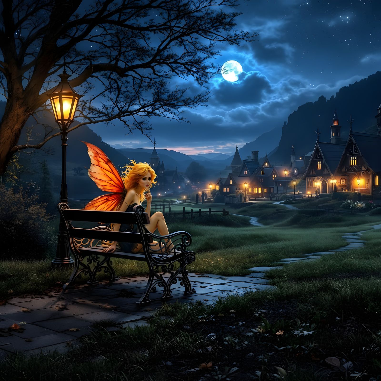 Gentle Faerie Pondering on a Bench
