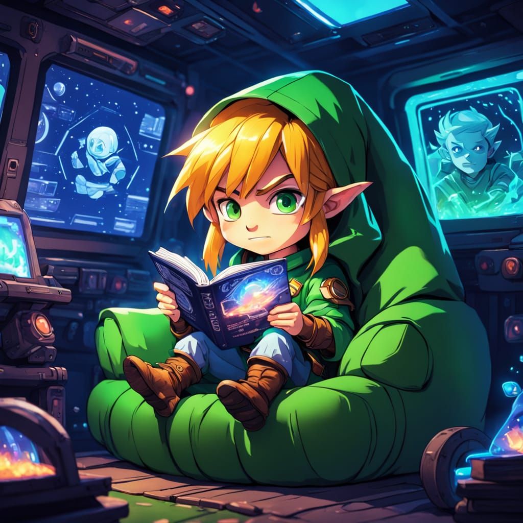 Chibi Link Reads Comic in Spaceship Cabin