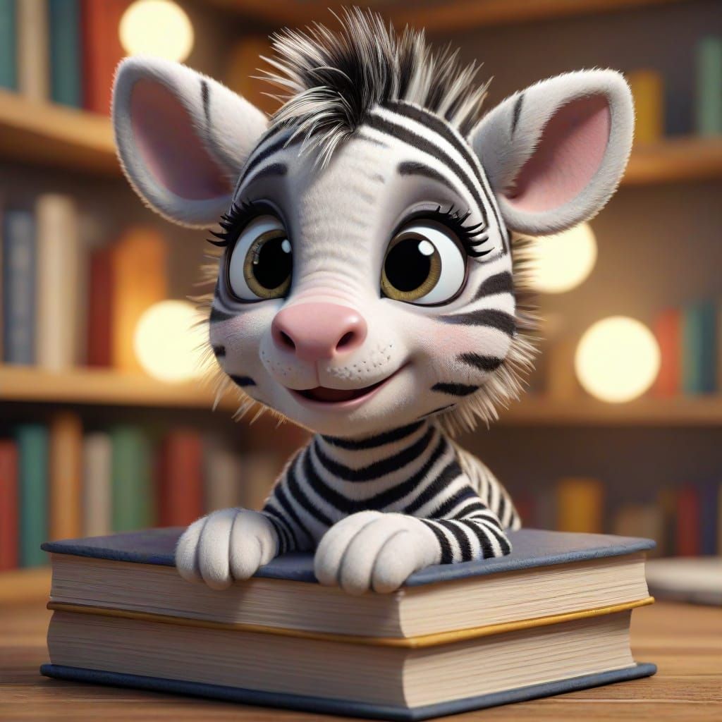 Vibrant Cartoon Zebra Sits on Bookshelf