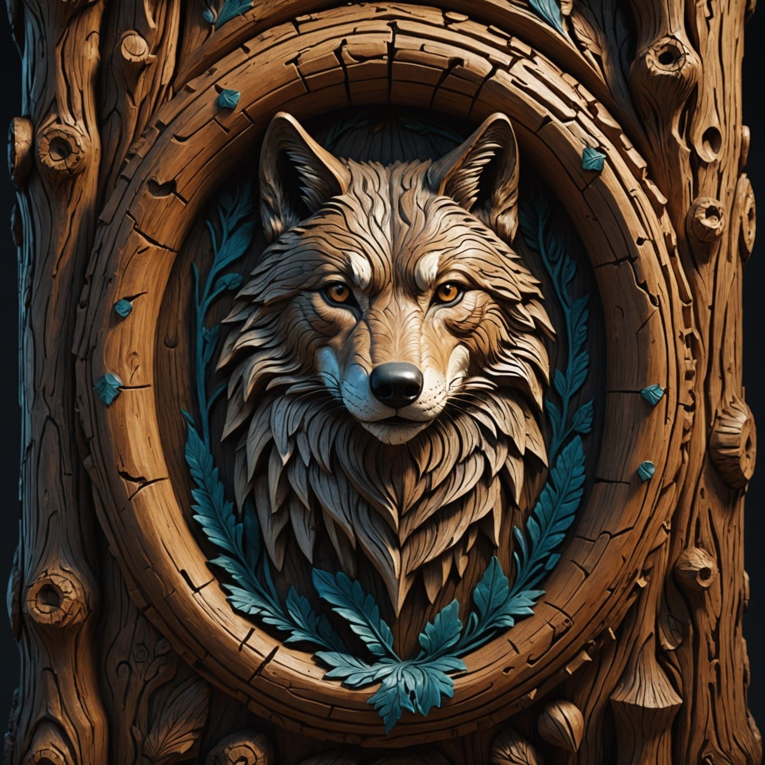 Detailed Wood Carving of a Wolf in Log