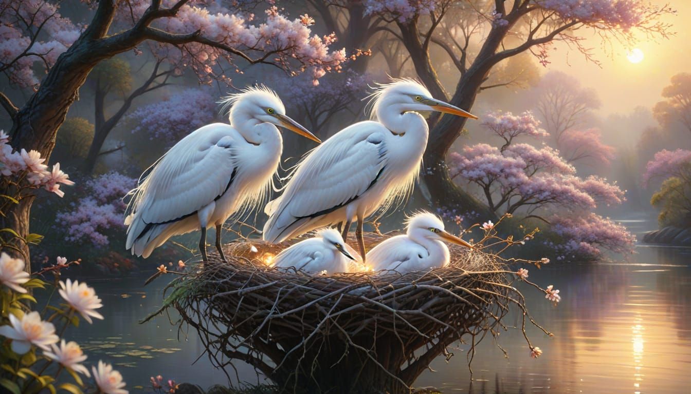 White Herons Guarding Nest in Marsh at Night