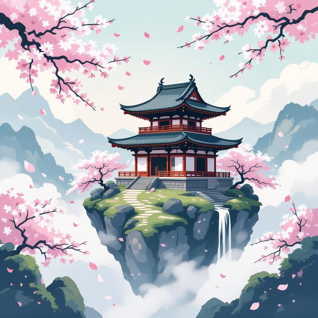Ancient Japanese Temple on Floating Island in Sumi-e Style