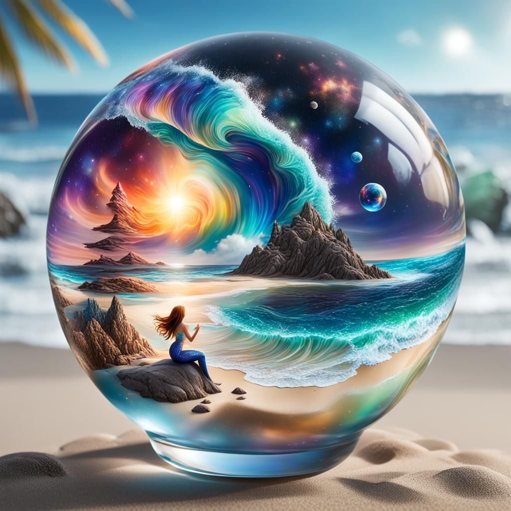 Glass Orb: Galaxy, Beach, and Mermaid