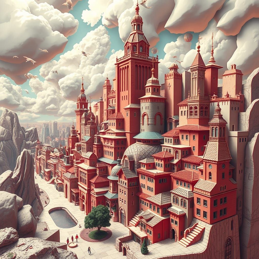 Escher-Inspired Cityscape with Unstable Dimensions