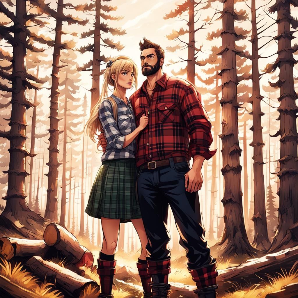 Anime Lumberjack Couple in Pine Forest