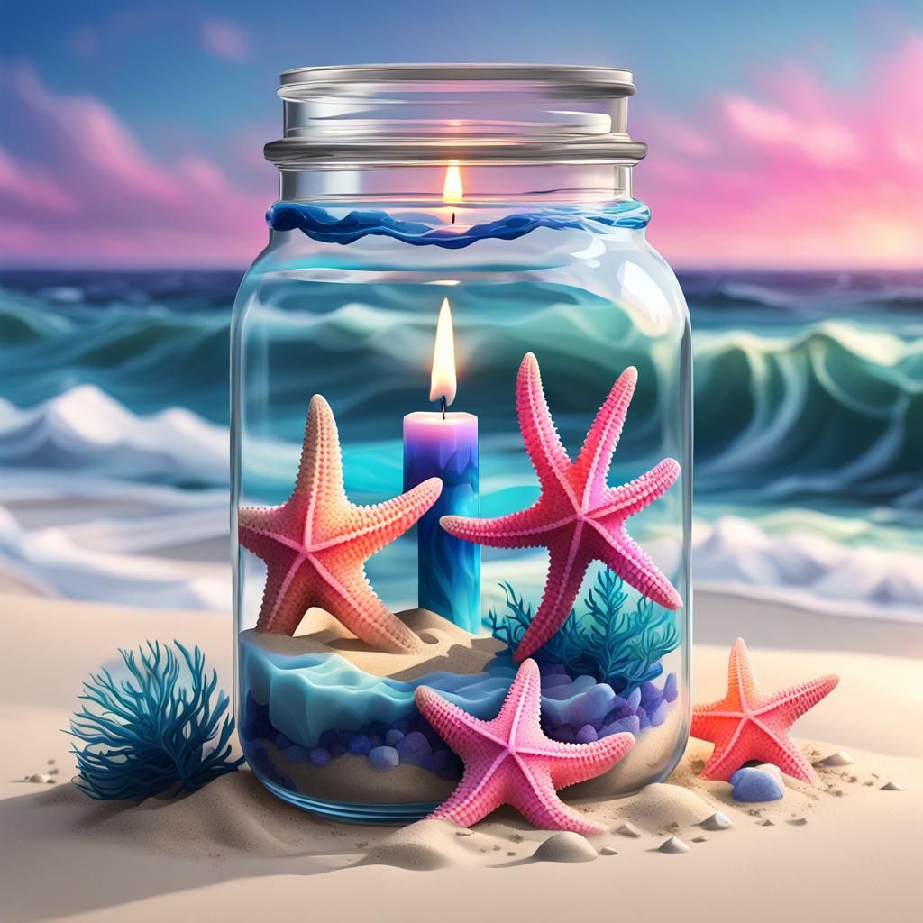 Low-Poly Starfish and Candle in Mason Jar
