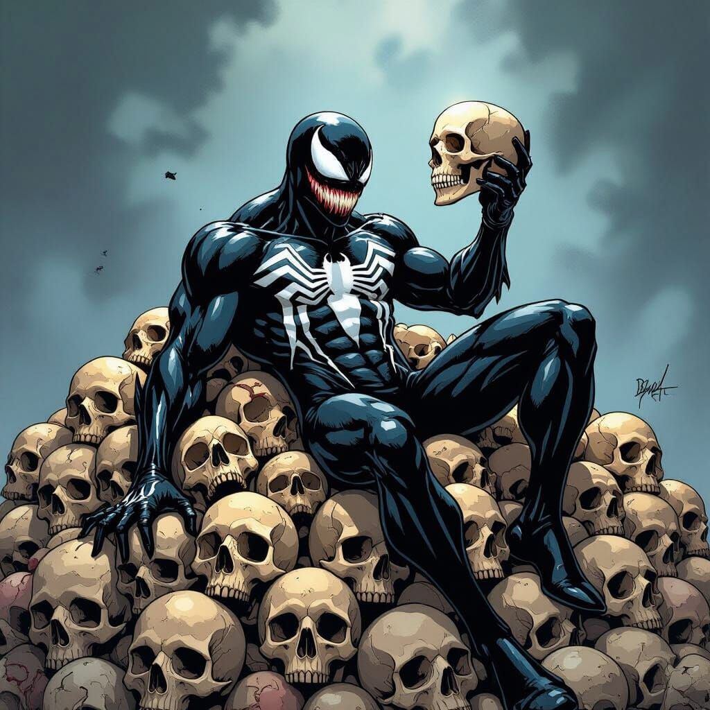 Venom Lounging Atop a Skull Pile