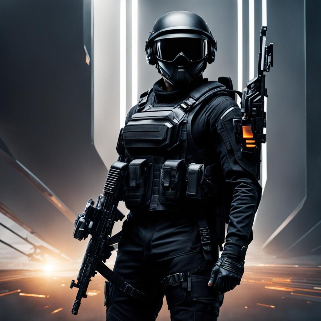 Futuristic Soldier in Black, Armed and Ready