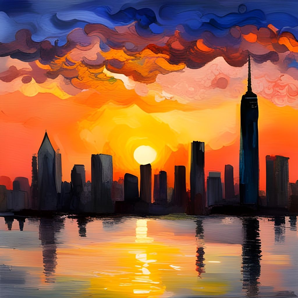 Sunset Cityscape in Gouache Watercolor Style