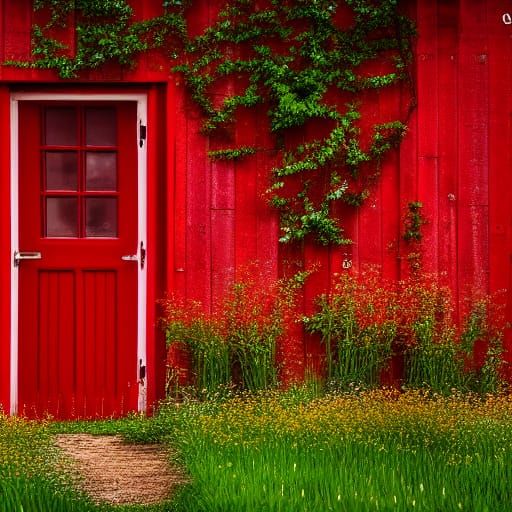 Red Door in Thunderstorm Spring Field