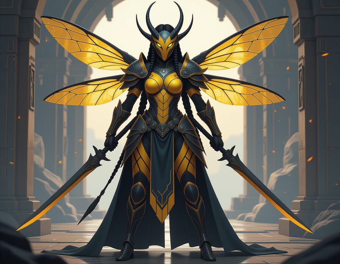 Towering Bee Warrior in Sci-Fi Anime Style