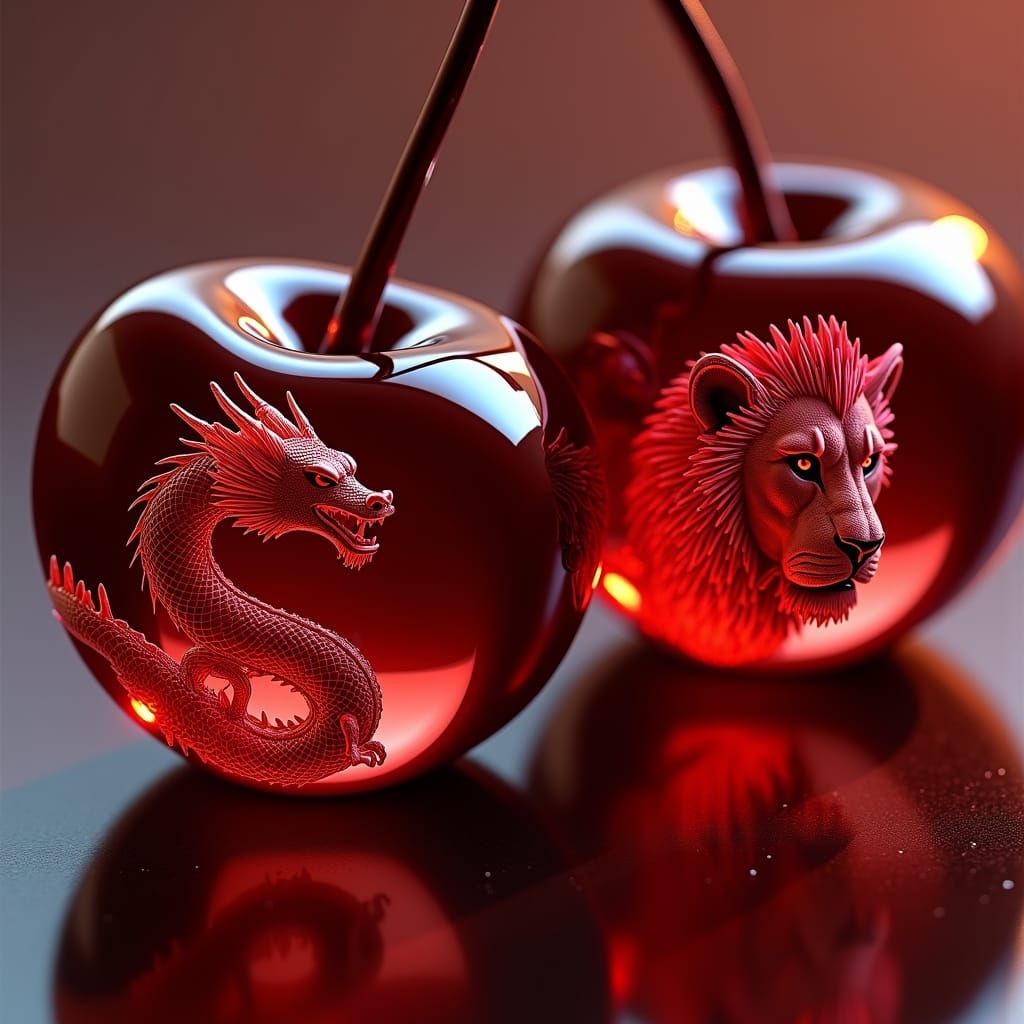 Glass Cherries with Dragon and Lion, Hyperrealistic Close-Up