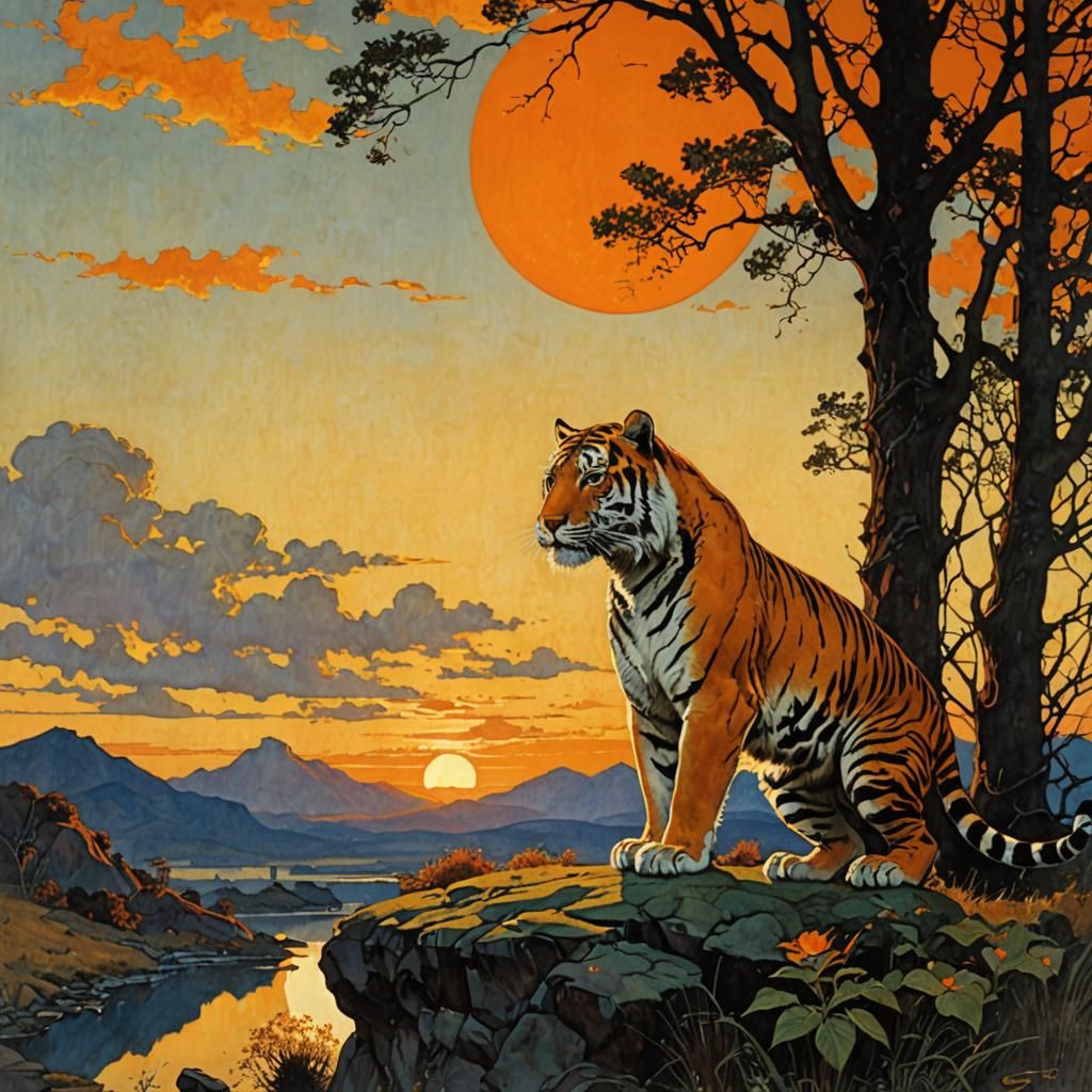 Orange Tiger Observes Sunset in Rockwell Parrish Style
