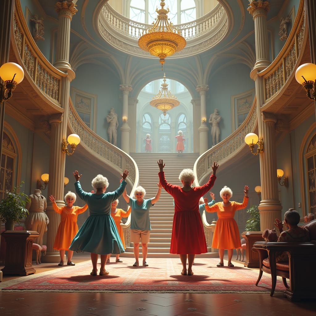 Elderly People Exercising in Ornate Interior, Fantasy Art