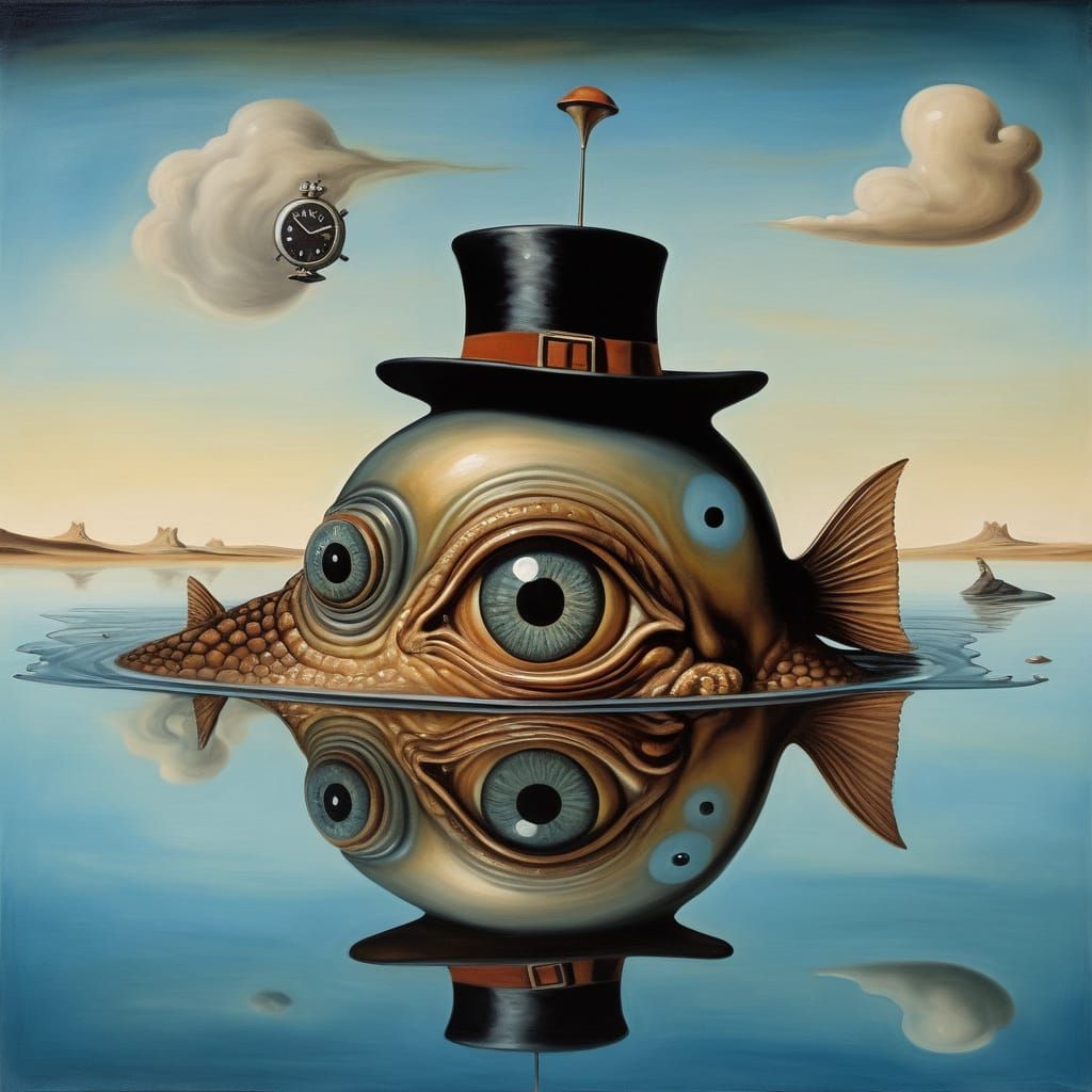 Surreal Piranha with Hat and Melting Clocks
