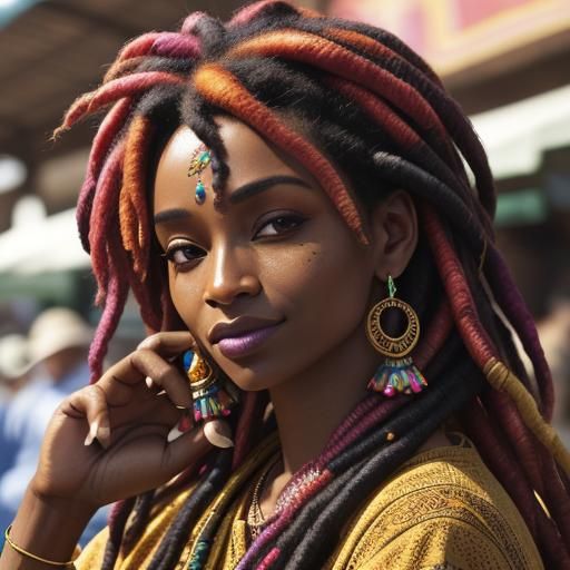 Beautiful Black Woman with Henna in Vibrant Market