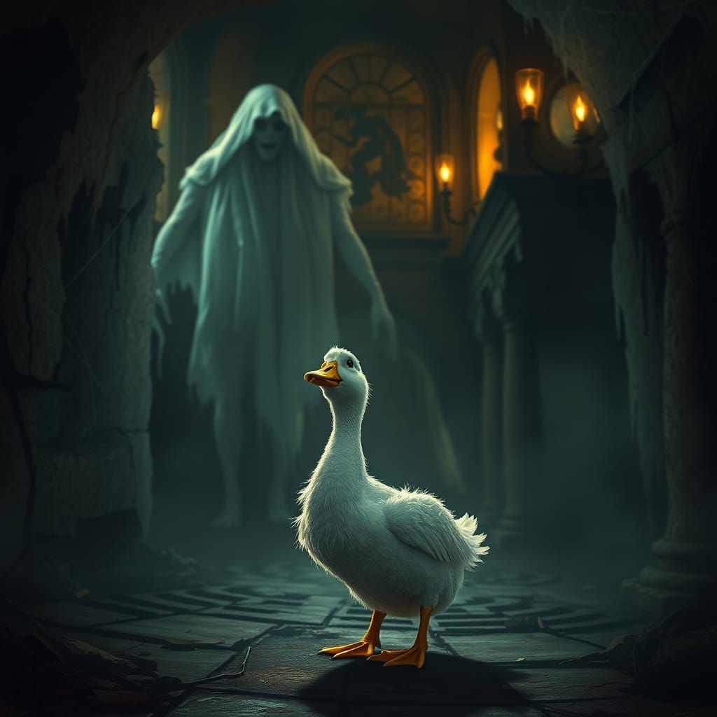 Terrified Duck in Haunted House, Eerie Illustration