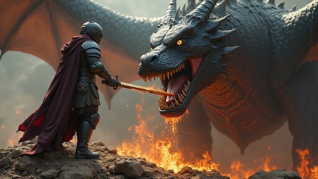 Futuristic Knight Slaying Dragon on Treasure Mound