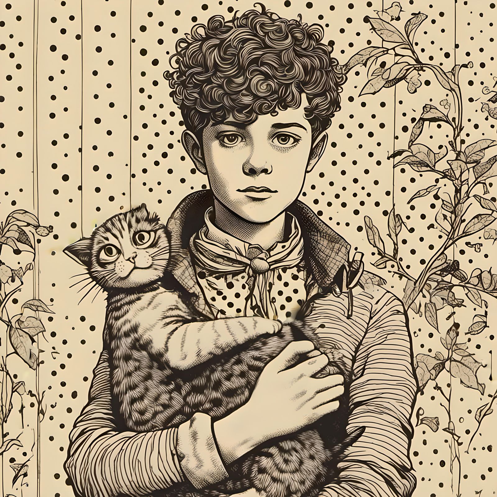 Wholesome Boy and Cat in Monochromatic Comic Art