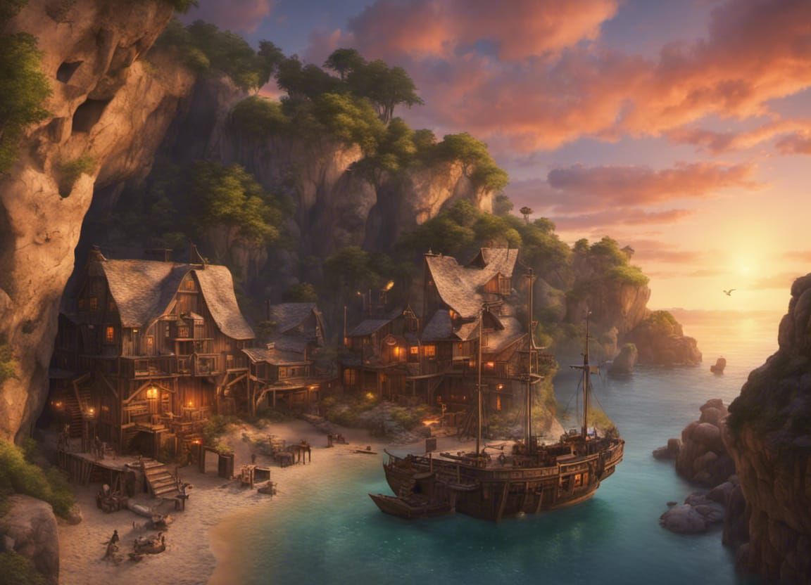 Vivid Pirate Cove With Tavern and Ship at Sunset