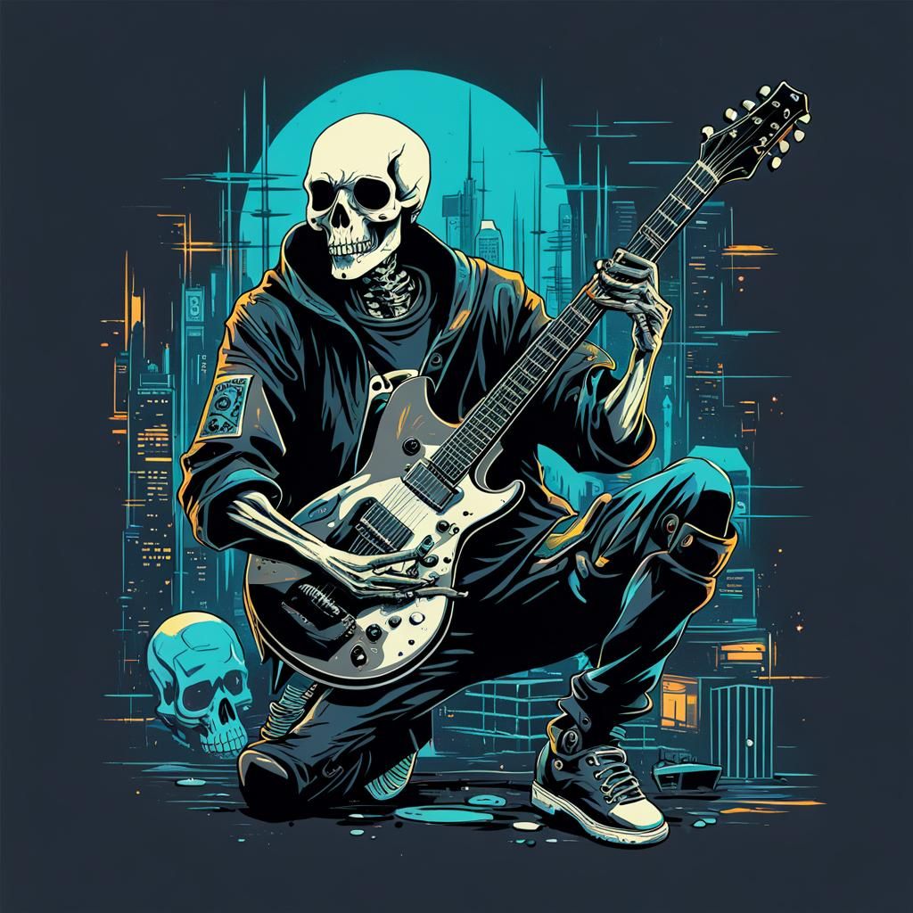 Cyberpunk Death Plays Guitar on a T-Shirt